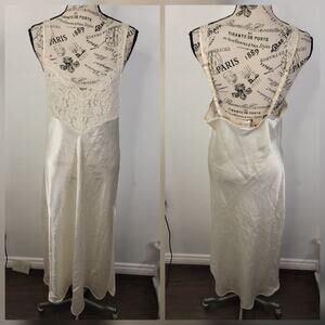 Morgan Taylor Satin Maxi Slip Dress Womens Sz Medium Lace Trim Side Slit Ivory